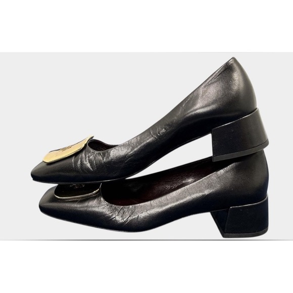Tory Burch Eleanor Pump Women 6.5M Black Excellent Gold Logo Block Heel Leather - Picture 11 of 14
